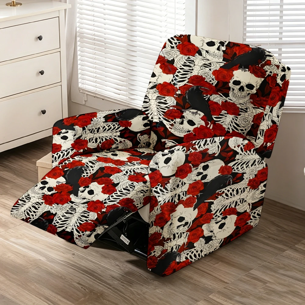 Black Background Skeleton Red Rose Crow Recliner Chair Cover Stretch Spandex Recliner Slipcover Gothic Halloween Decor