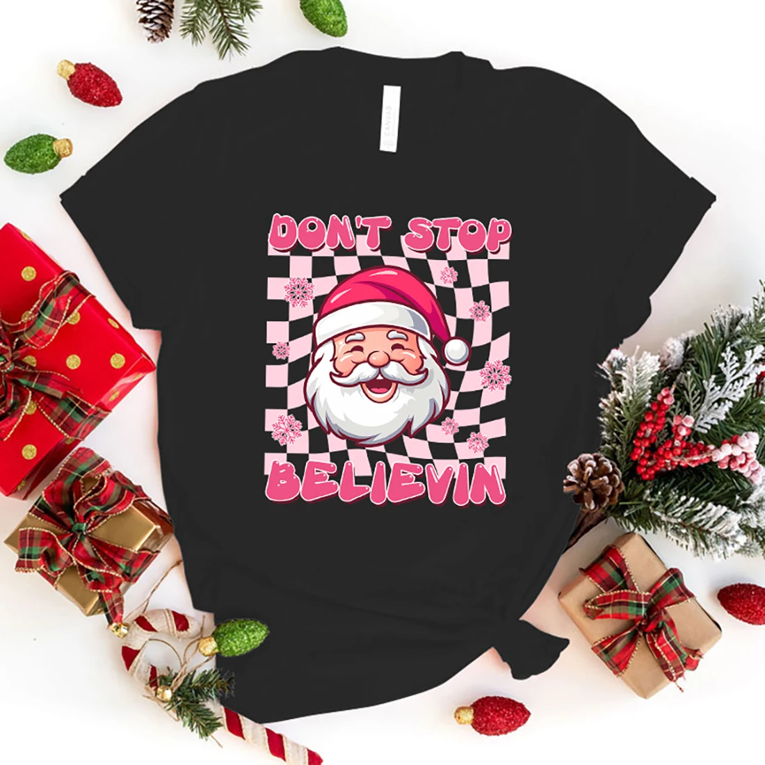 

Christmas Don'T Stop Believin Santa Claus Print Tshirt Fashion Casual Short Sleeve Round Neck Tops Women/Mens T-Shirts