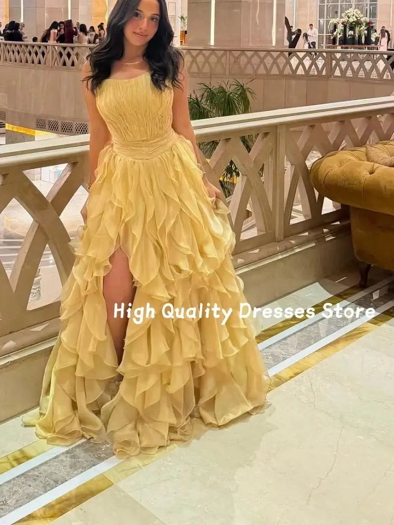 Evening Dresses Yellow Chiffon A‑Line Gown Sleeveless Square Neck Ruffled Skirt With High Slit Wedding Guest Gala Customized