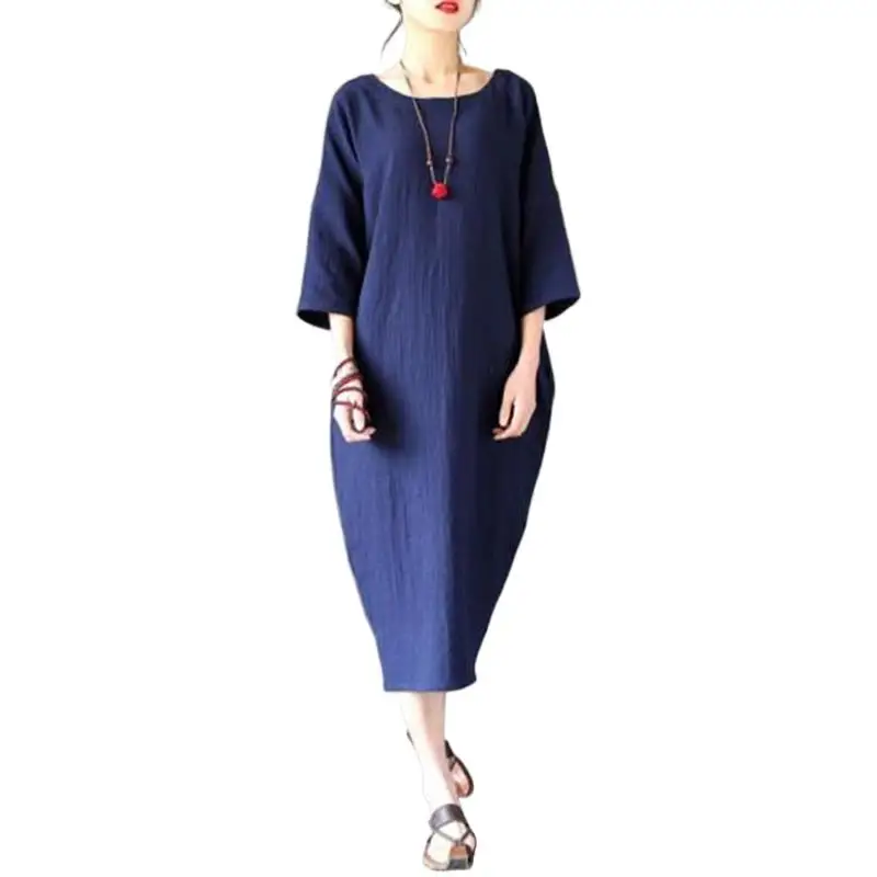 

2024 Spring Summer Cotton Linen Long Dress For Women Vintage O-neck Half Sleeve Loose Lady Vestidos Elegantes Para Mujer