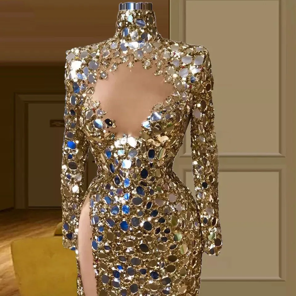 Gold Mirror Sequin Evening Dresses Luxury 2024 Mermaid Beads High Slit Sexy African Women Formal Prom Party Gown Customized