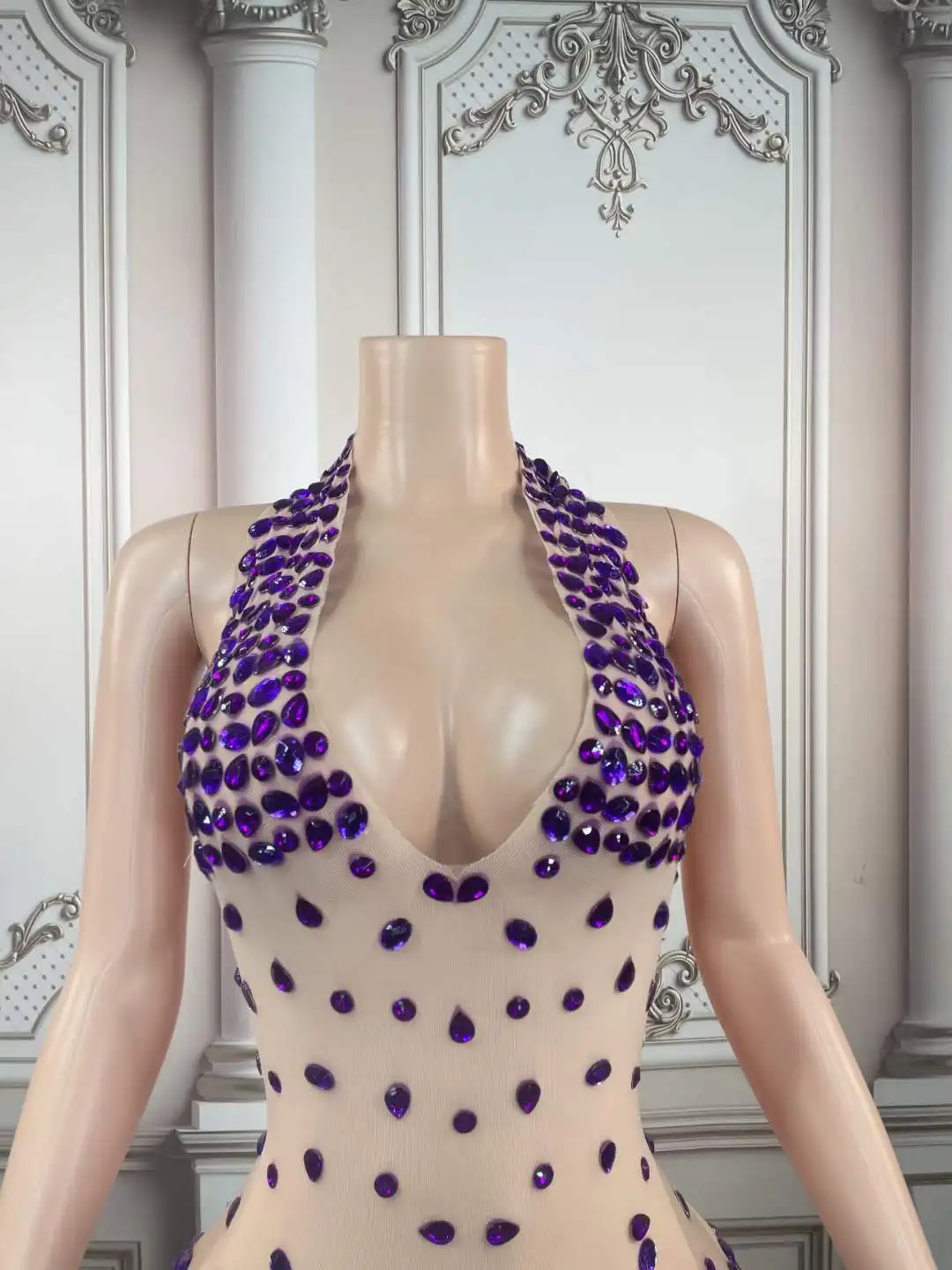 Nouveau brillant strass maille transparente danse body tenue anniversaire célébrer Costume bal fête danseur spectacle Sexy body