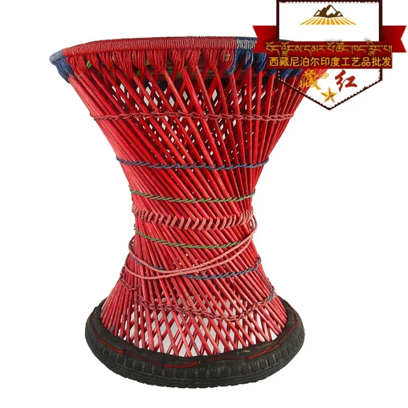 Dark Red Ethnic Style Tibetan Furniture Bamboo Strip Woven  Hourglass  Nepal Handmade Creative Waist Drum Stool