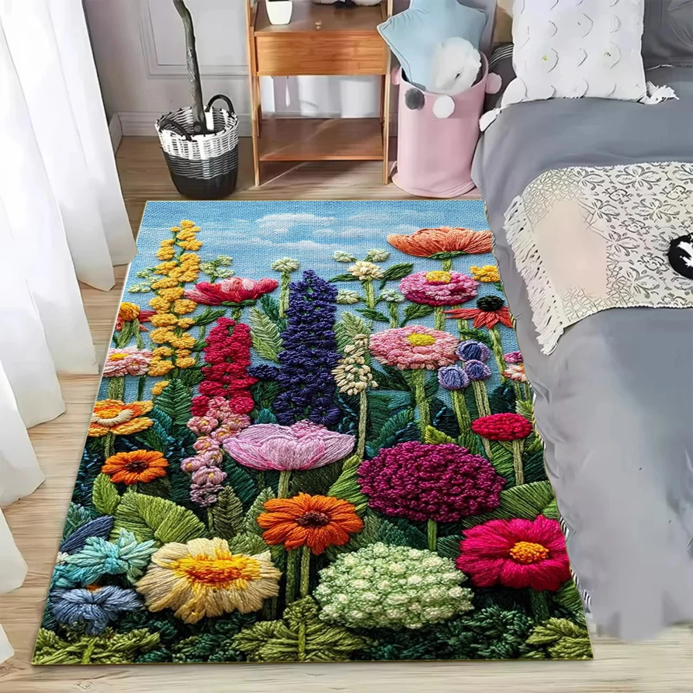 Cat Flower Field Area Rug Soft Absorbent Floor Mat Cute Animal Floral Print Home Decor Carpet for Living Room Bedroom Kids Room