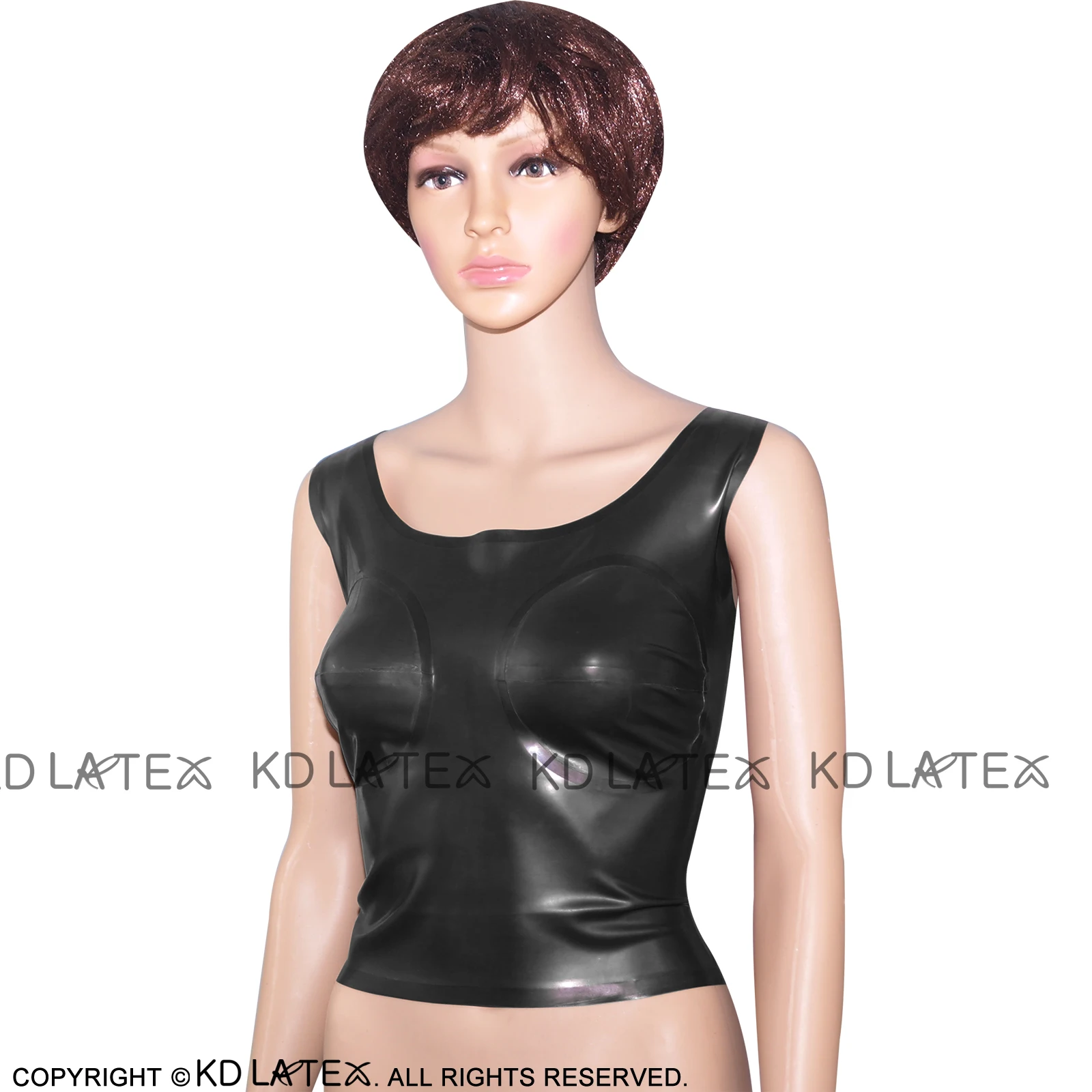 

Black Sexy Latex Crop Top Rubber Tank Shirt With Glued Breasts Back Zipper Undershirts Singlet 0026