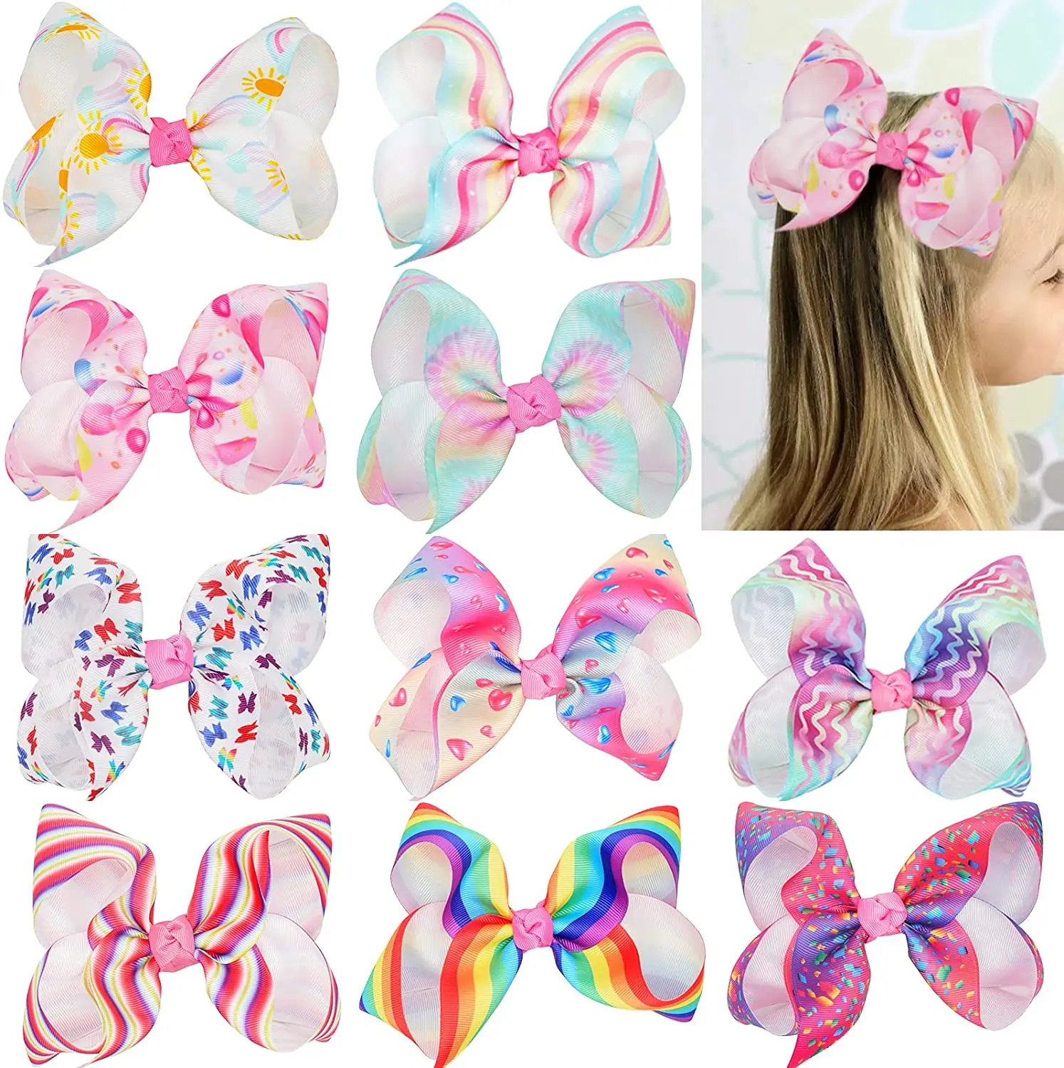 4/6Pack Big Hair Bow Clips for Girls Grosgrain Ribbon Rainbow Hair Bows Clips Large Baby Bows for Hair 6 Inch Craft Bows Hairpin