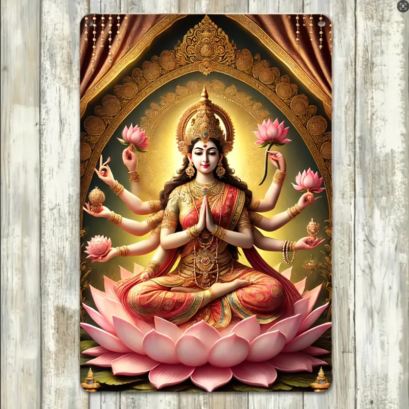 

Lotus Goddess Four-Arm Seated Metal Tin Sign Wall Art, Aluminum Material, Decorative Plaque for Room, Home, Restaurant, Bar