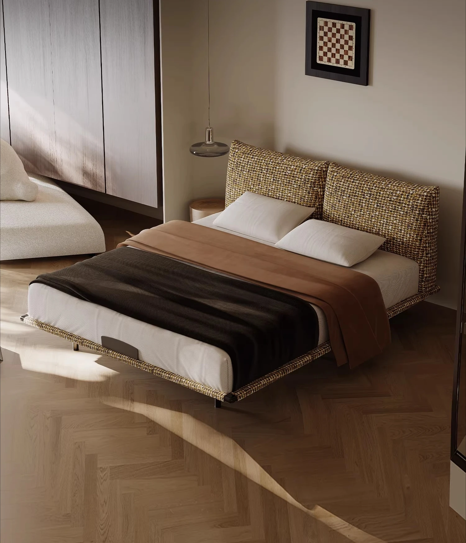 

minimalist cotton and linen fabric bed master bedroom soft bag double bed designer solid wood high backrest wedding rouge bed