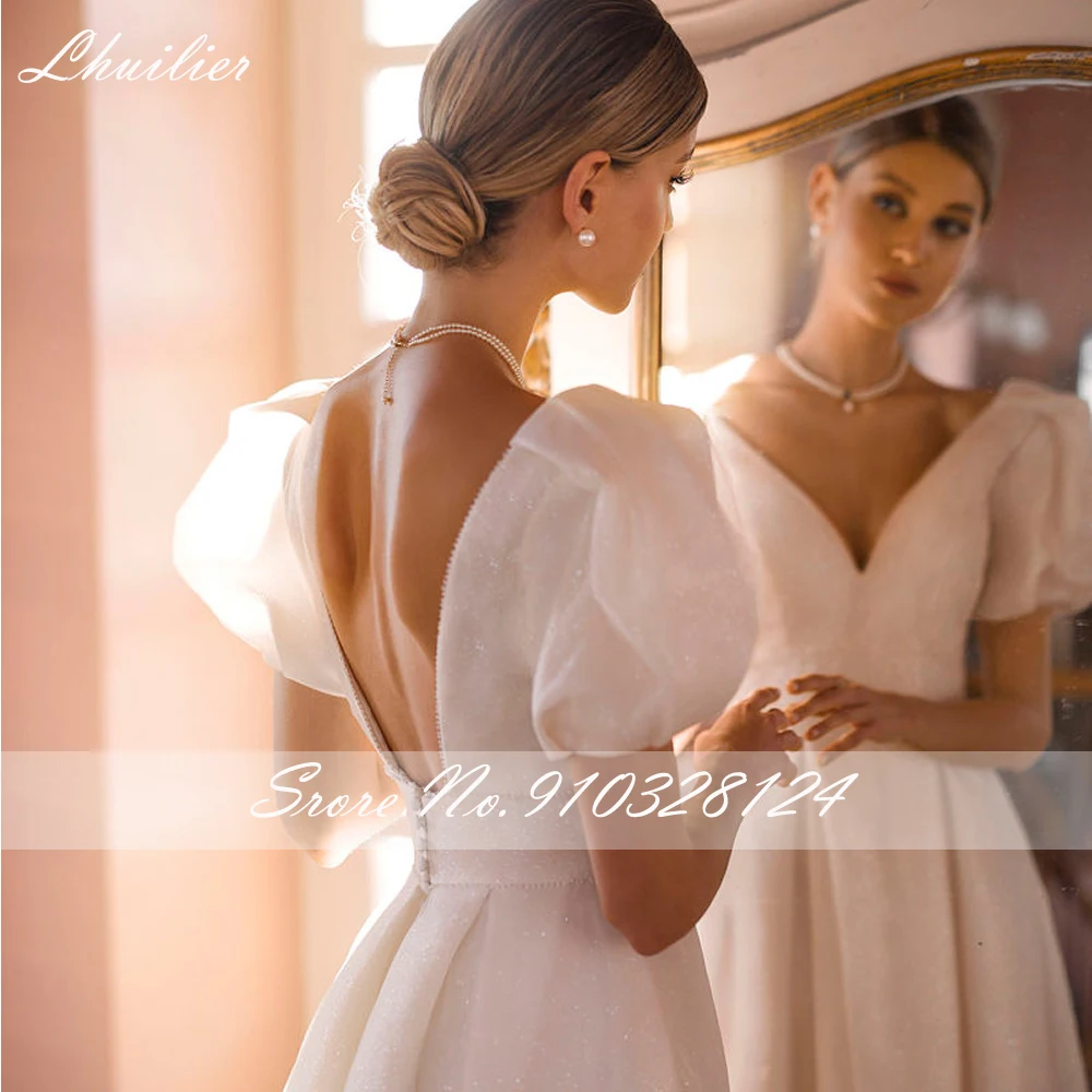 Lhuilier Personalizado A Linha V Neck Glitter Tulle Vestidos De Casamento Puff Mangas Até O Chão Vestidos De Noiva Sem Costas com Alta Fenda