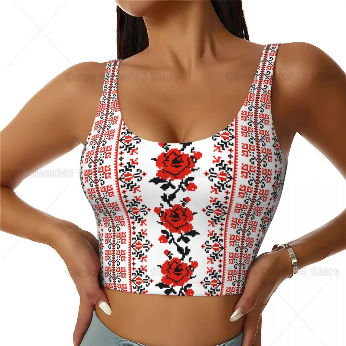 UkR Vyshyvanka Red Rose Crop Top Print Womens Vintage Sports Bras Racerback Tops Outfit for Fitness Sports VestAthletic Gym