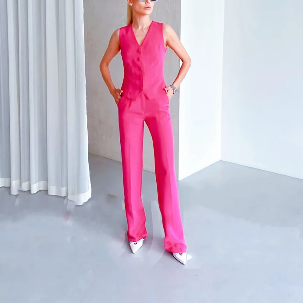 Immagine 3: Completo da Donna alla Moda in Tre Pezzi, Rosso Rosa, Due Bottoni, Tinta Unita, per Ufficio, Lavoro, Formale, Elegante, Slim Fit, Casual