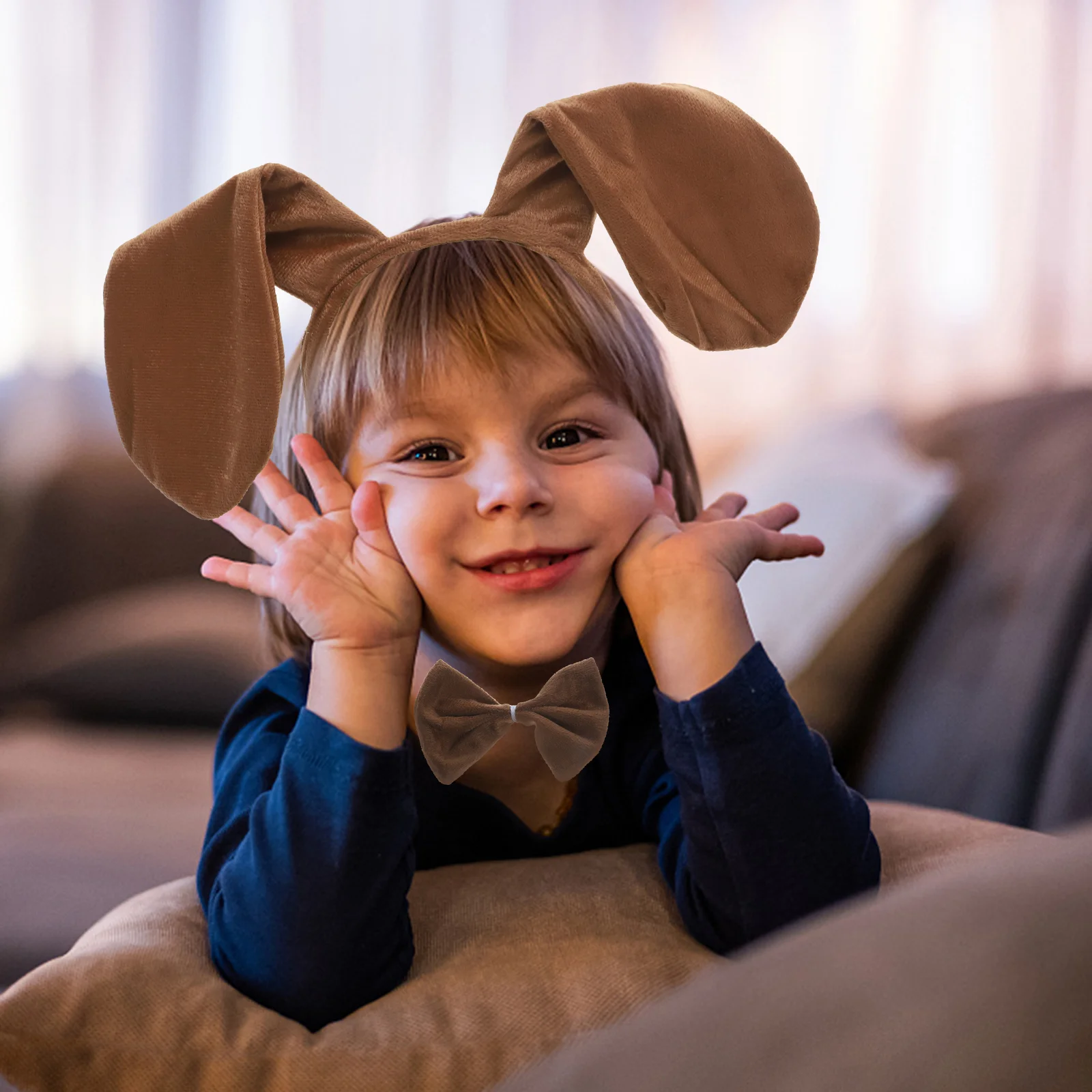 

Dog Coffee Set Puppy Ear Headband with Bowtie Cosplay Gloves Headbands Dress-up Fabric Child