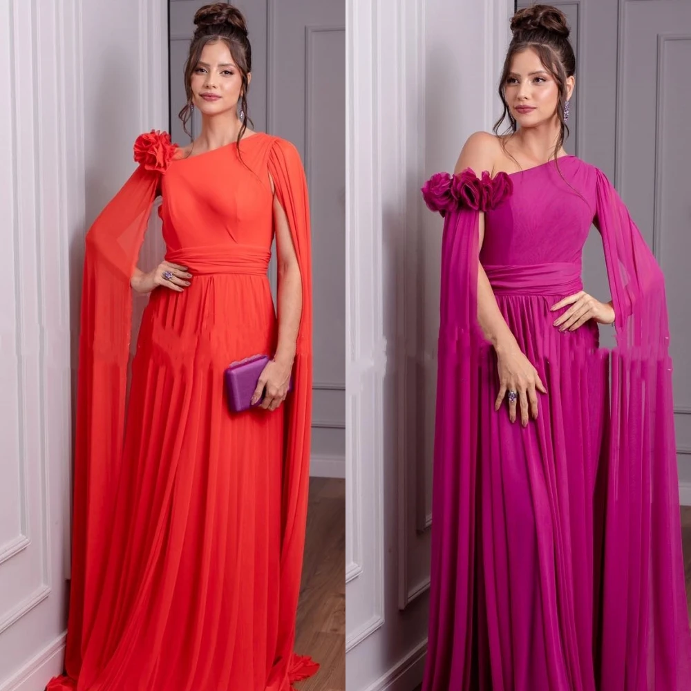 Jersey Draped Flower Graduation A-line One-shoulder Bespoke Occasion Gown Long Dresses