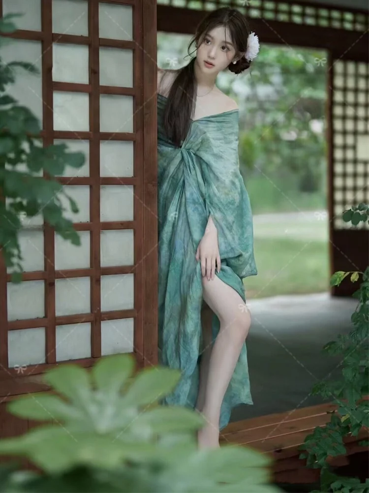 New Chinese Style Art Photo Shoot Dress Diffused Gradient Minimalist Zen Atmosphere Cold Tone  Dress for Women