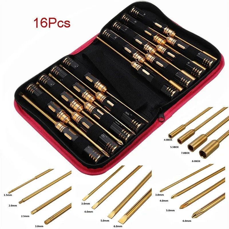 16-piece set of model aircraft and car model repair tool kit, titanium-plated hex, flat and cross screwdrivers.