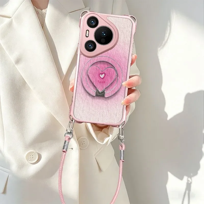 Pink Gradient Heart Ring Stand Phone Case For Huawei Pura70 Ultra Pura80 Pro P60 P50 Pro 4 Corner Lanyard Shockproof Cover