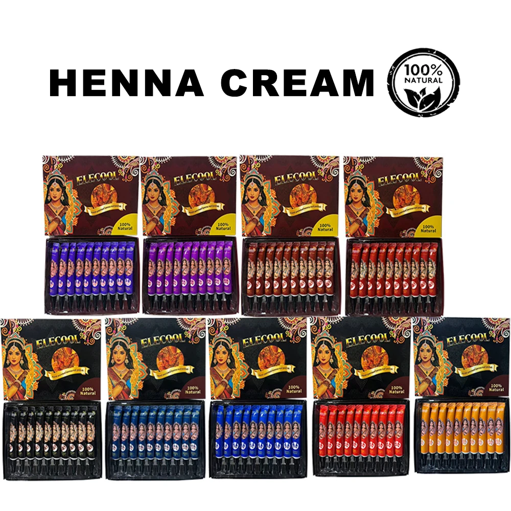 

10 шт. натурального крема-хны: коричневая, черная, красная, циановая хна в конусах, крем для временных татуировок и боди-арта