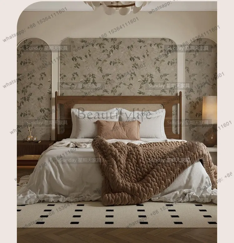 Modern simple homestay woven rattan bed wabi sandy wind solid wood double bed master bedroom 1.8 meters wedding bed