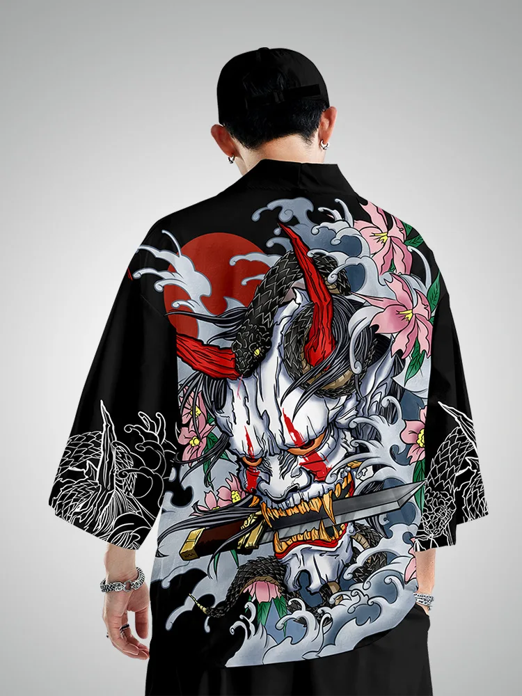 Fashion Trend Demon Print Hip Hop Two-piece Suit Yukata Women Harajuku Traditional Kimono Japanese Cardigan Men Cosplay Haori