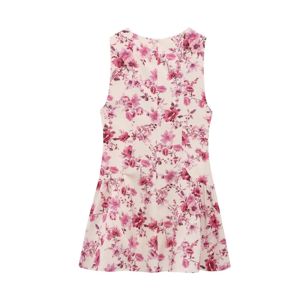 فستان بذلة نسائي بخصر مطبوع عليه زهرة البوبلين ورقبة دائرية بدون أكمام وسحاب خلفي فستان صيفي قصير حلو جديد