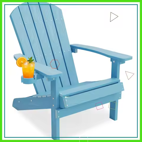 Outdoor Plastic Adirondack Chair with Cup Holder, Wood Texture, Weather Resistant for Patio Garden Deck Porch Lawn