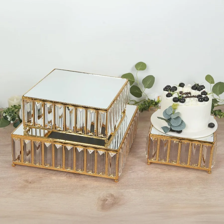 

Set of 3 Crystal Pendant Gold Metal Cake Stands Stackable Square Dessert Display Trays with Mirror Top 7" 10" 12"