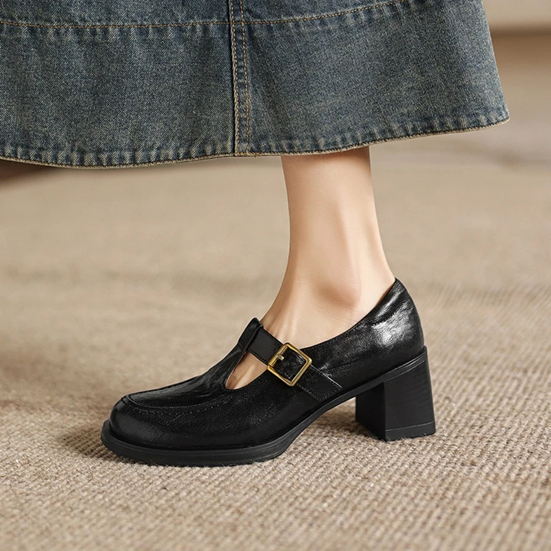 NEW Spring/Autumn Women Pumps Genuine Leather Shoes for Women Round Toe Chunky Heel Shoes Shallow Buckle Strap Mary Janes Shoes
