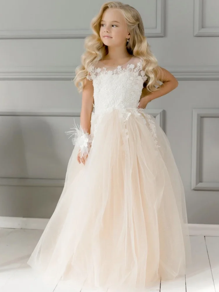 Robe bouffante en tulle et dentelle champagne pour filles, haut avec appliques, fête de mariage, soirée de première communion, quoi que ce soit