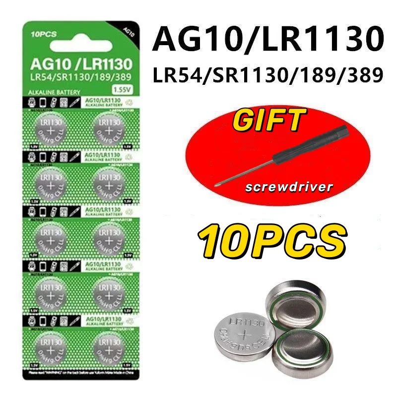 10Pcs AG10 LR1130 Button Battery LR 1130 SR1130 389A LR54 L1131 For Alkaline Battery Watch Hearing Aid Flashlight Calendar Toys