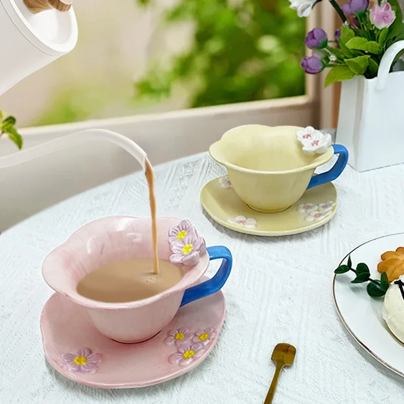 Ceramic Mug Girl Pink Hand Pinched Petals Coffee Cup Dish Afternoon Tea Ceramic Cup Hand Drawn 3D Relief Water Cups with Tray