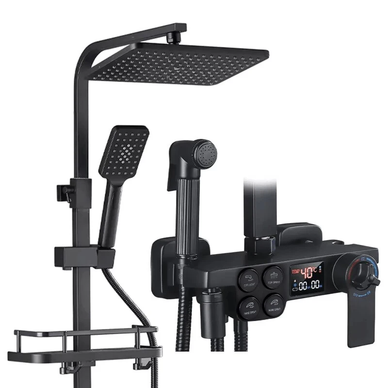 

Настенная квадратная душевая система для ванной комнаты, черное золото, светодиодный цифровой термостатический смеситель для горячей и холодной воды, набор смесителей для ванны с дождевой водой