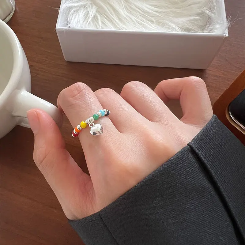 ANENJERY Square Heart Colored Rainbow Beaded Ring Female Cute Index Finger Ring bague femme anel