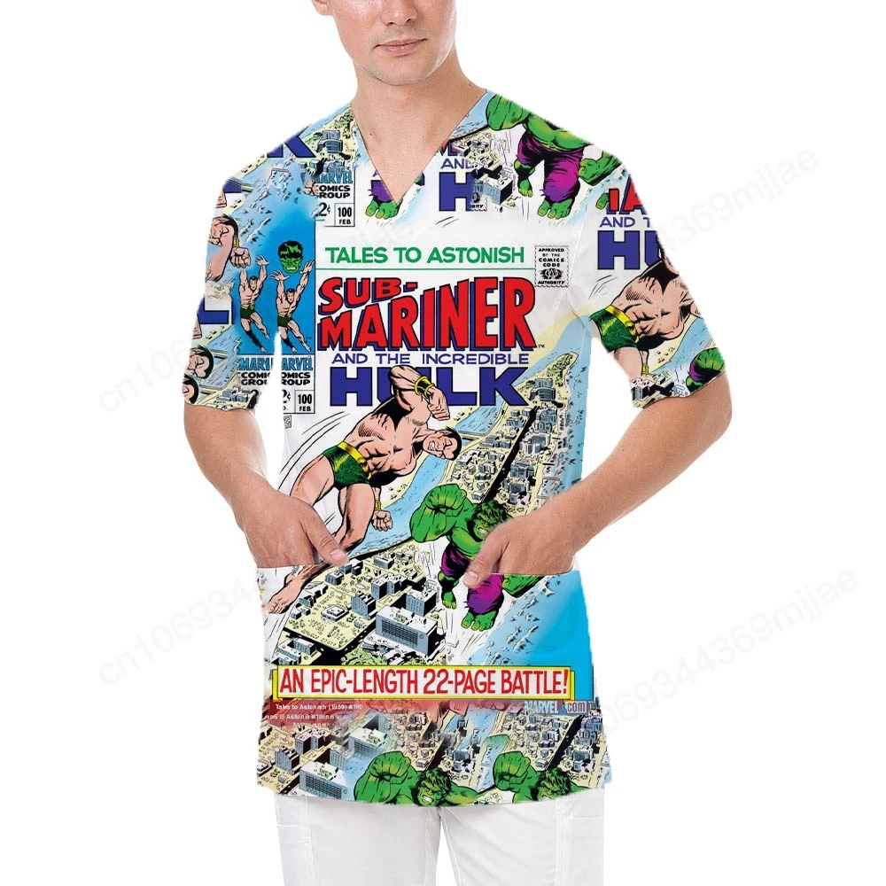 2024 Summer New Cartoon Pattern Printed T-shirt V-neck Double Pocket Design Casual Men's Nurse Uniform comforable Men's T-shirt