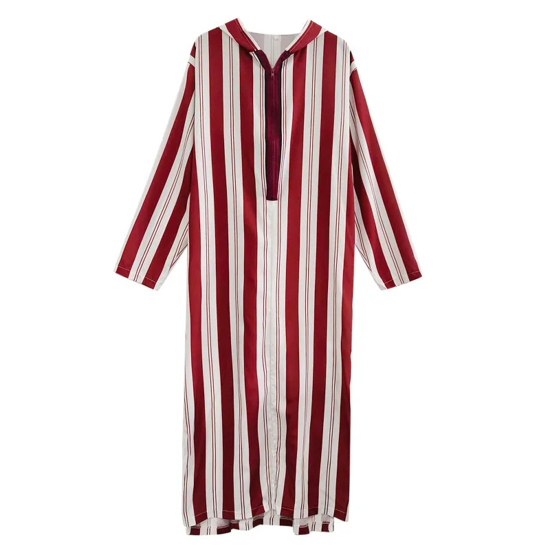 Ethnic Style Autumn New Color Matching Striped Long Muslim Robe Hoodie