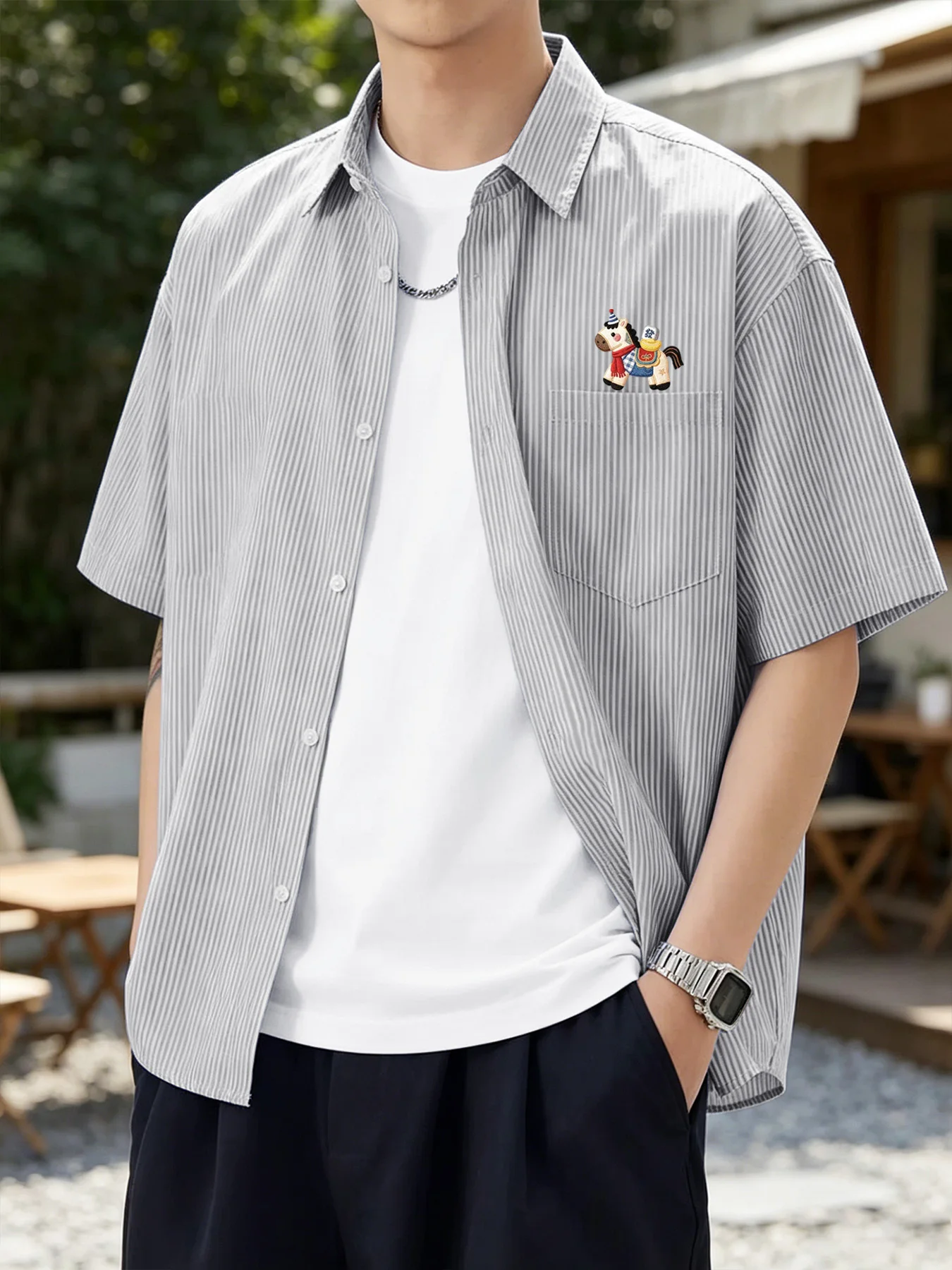Simple and fashionable trend men's summer thin cartoon pony pattern short-sleeve casual loose shirt