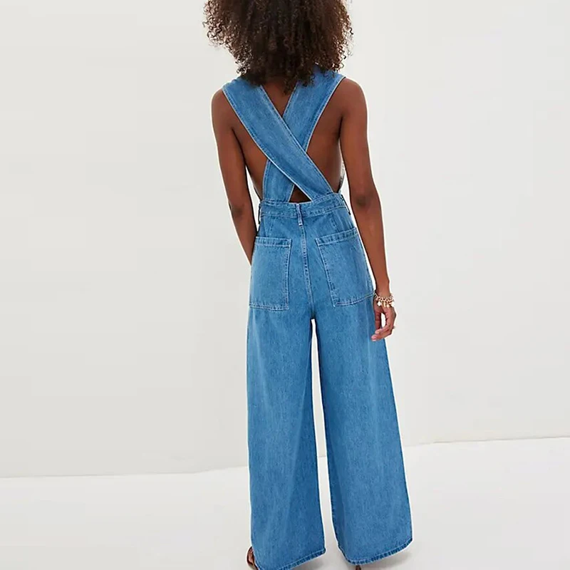 

Fashion Design Style Denim Jumpsuits Summer Sleeveless Hollow Out Wide Leg Rompers Elegant High Waist Commute Playsuits Overalls