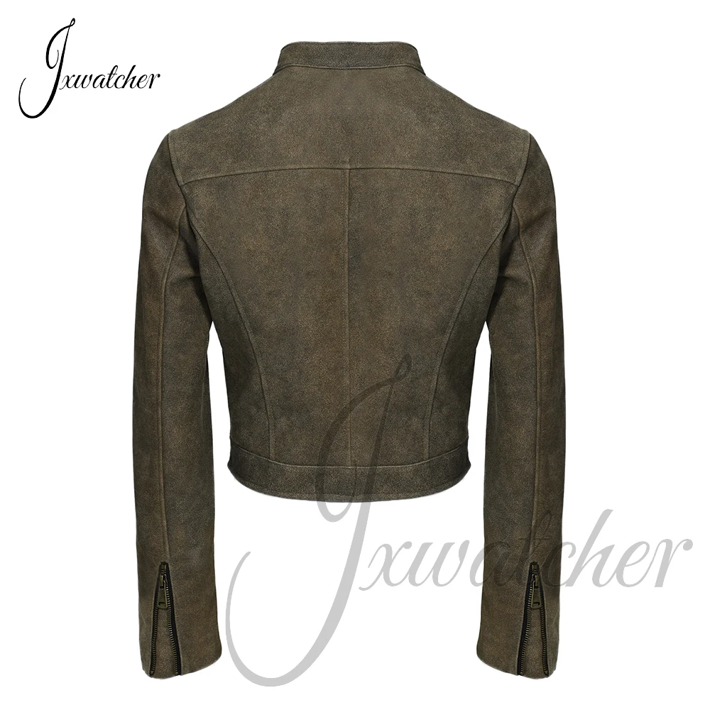 Jxwatcher-Chaqueta corta de piel de oveja para mujer, abrigo corto de cuero genuino Cropoed, a la moda, para primavera y otoño, novedad