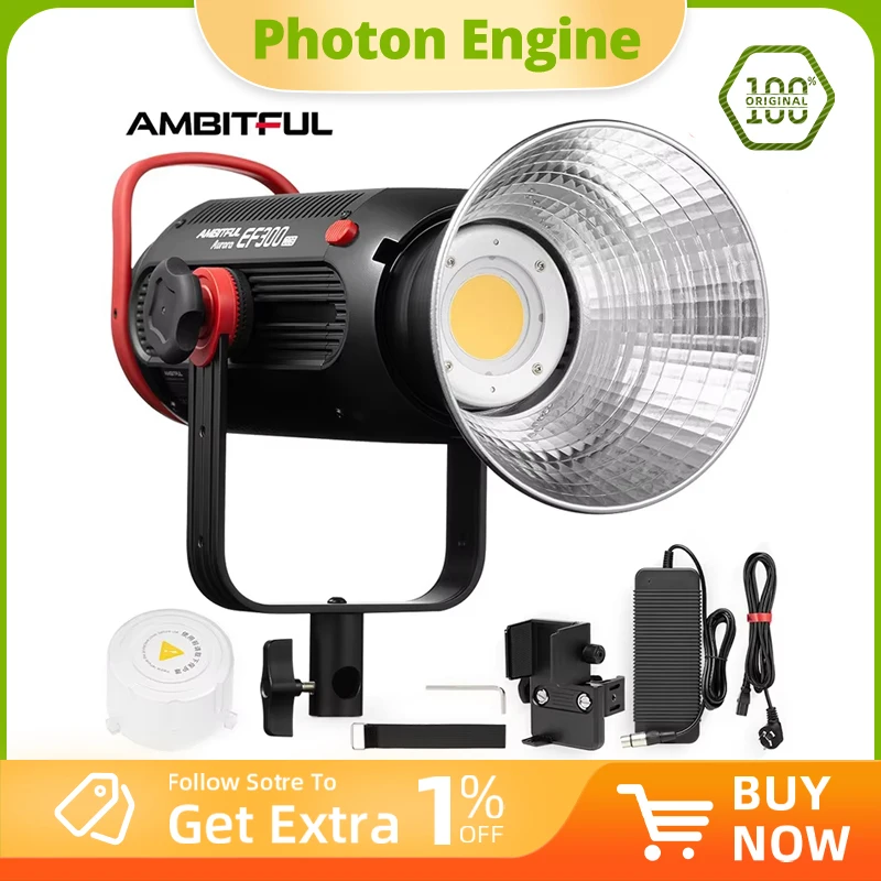

AMBITFUL EF300 COB 300 Вт Светодиодная видеолампа 5600K Светодиодное непрерывное освещение, CRI 95+, TLCI 97+, встроенное приложение, 100000 люкс при 1 м, Bowens Moun