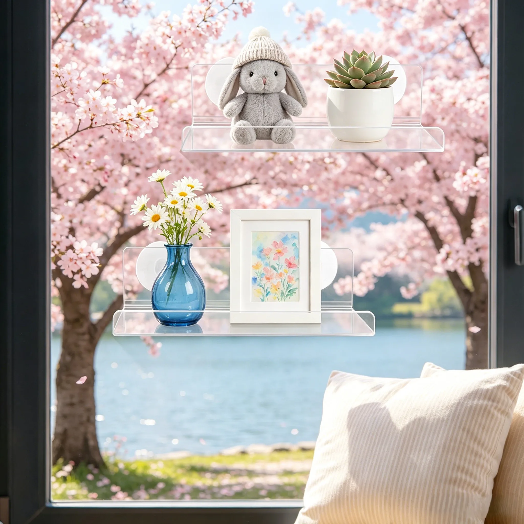 6 Inch Clear Shelf 2-Pack with Suction Cups for Wall-Mounted Display of Plants Decorative Objects or Toiletries