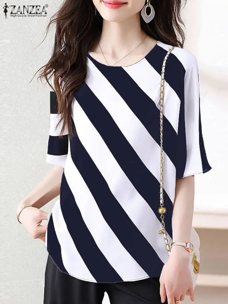 ZANZEA Summer Fashion O Neck Half Sleeve Blouse Women Striped Shirt Casual Loose Tunic Tops Female OL Work Blusas Chemise Mujer