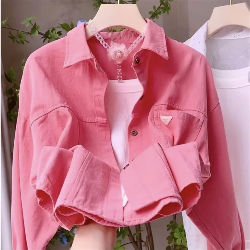 

Spring Autumn Female Leisure Short Cowboy Jacket 2025 Women Solid Color Loose Denim Outwear Ladies Long Sleeves Jeans Tops Coat