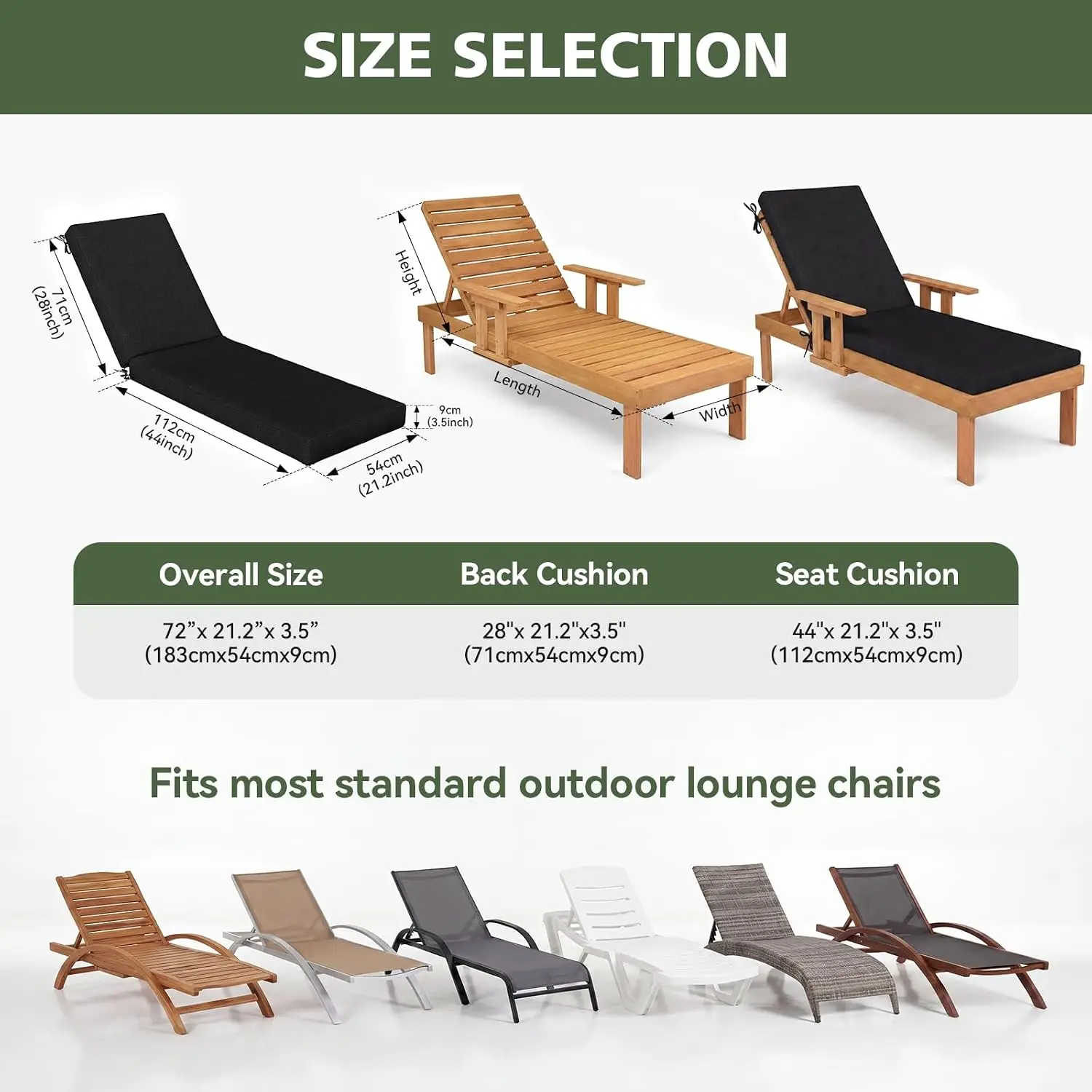 Waterproof Chaise Lounge Cushion Patio Replacement Removable Cover 4 Ties Non-Slip Pool Pad 72x21x3.5 Inch, Customized