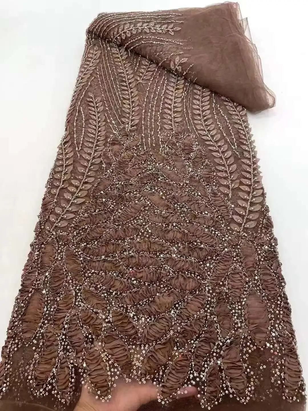 

French 3D Beaded Tulle Lace Fabric, African Beads Lace Fabric, Sequins for Evening Dresses, High Quality, 2025 Latest