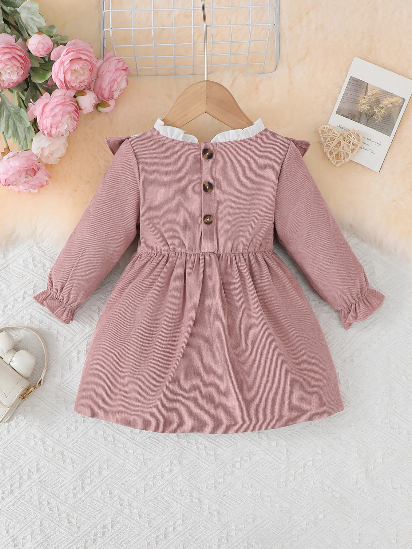 Baby Girl Long Sleeve Dress Autumn Sweet Ruffled Lace Collar Bow Decor For 0-3 Years Infant Toddler Princess Dress Casual Outfit