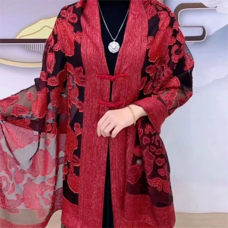 - peony flower hand-printed Chinese-style shawl with button closure and sun protection