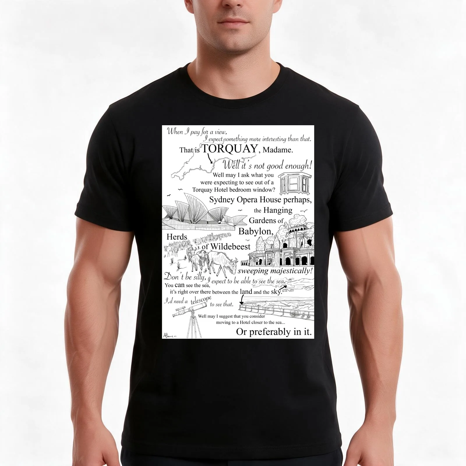 Fawlty Towers - Basil vs Mrs Richards. Torquay Hotel Bedroom Window T-Shirt, Summer Casual Cotton Tee, Oversized Streetwear Tops