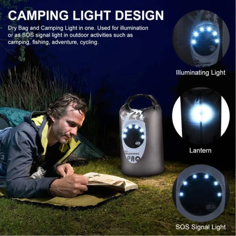 New Outdoor Waterproof Dry Bag, Beach Bucket Backpack with LED Solar Charging, Drifting Waterproof Pouch