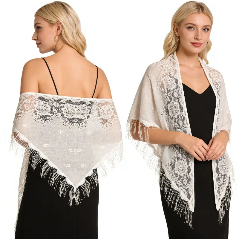 Lace Triangle Shawl Scarf for Women Wedding Jacquard Floral Cape for Bridesmaid Bride Wedding Party Evening Dress Accessory