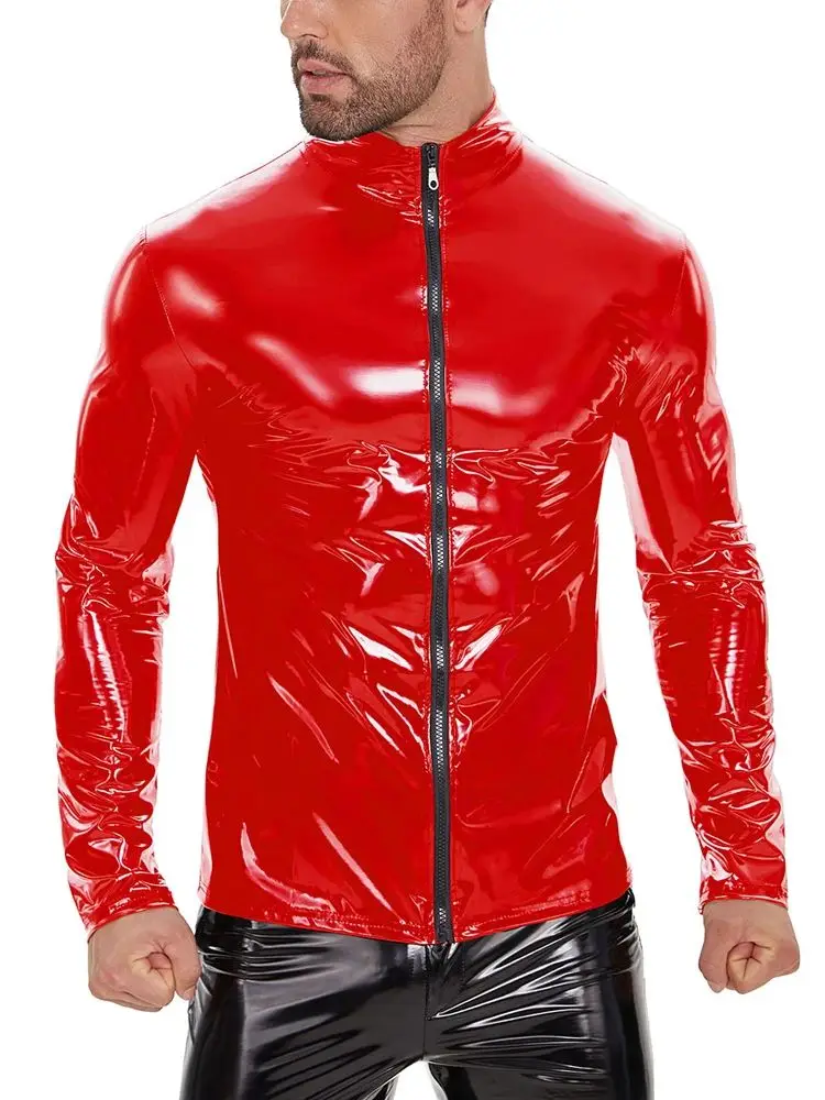 S-7XL Long Sleeve Faux Shiny PU Leather T Shirt Men Wet Look PVC Body Shpaper Tights Hot Shapers Tshirt Jackets Tops Shapewear