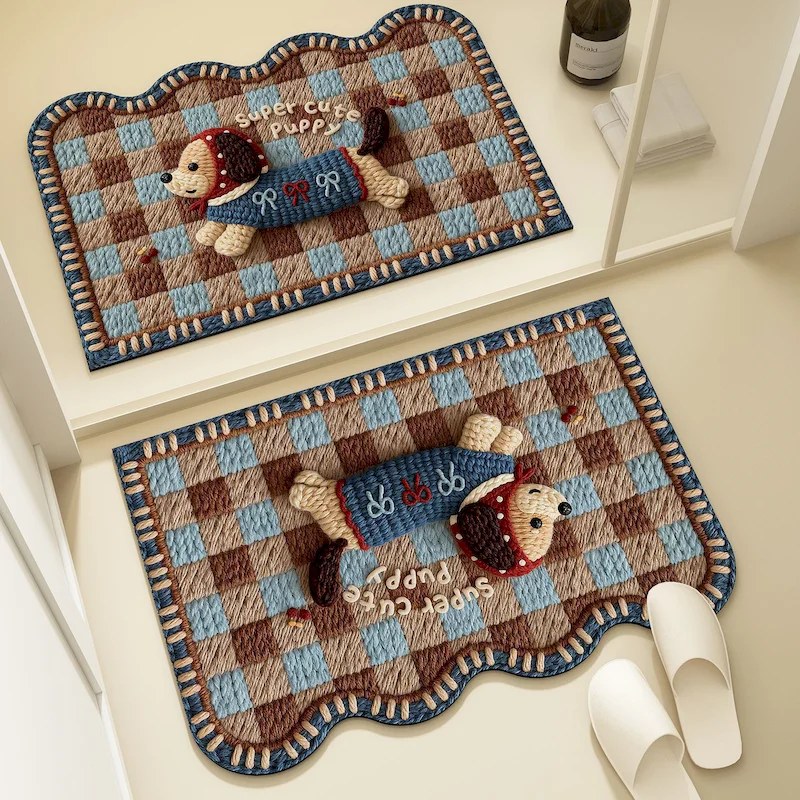 VIKAMA Retro Multi Sausage Dog Floor Mat Colorful Woven Edge Door Mat Anti Slip And Absorbent Entrance Bathroom Home Decoration
